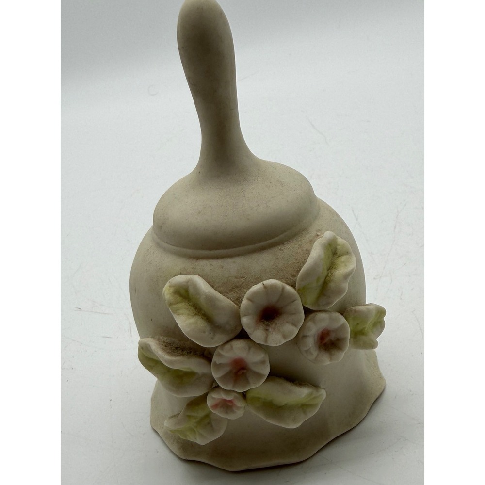 Vintage 1993 Hand Painted Bisque Porcelain Bell 3D Applied Flowers White Pink
